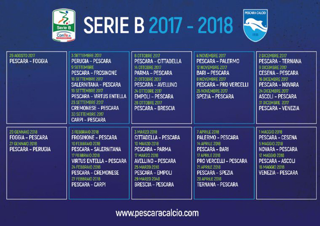 Pescara Calcio Calendario 2017-2018: tutte le partite dei biancazzurri