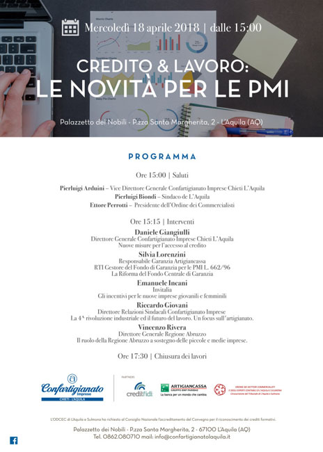 Convegno su credito e lavoro il 18 aprile a L'Aquila