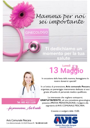 Consulenza ginecologica ed ostetrica Avis Pescara il 13 maggio