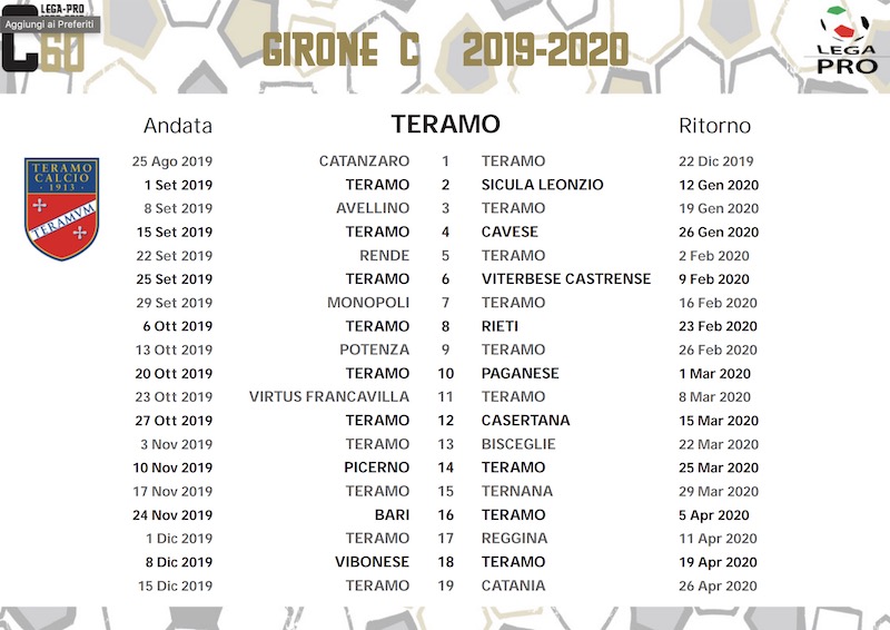 calendario teramo calcio 2019-2020