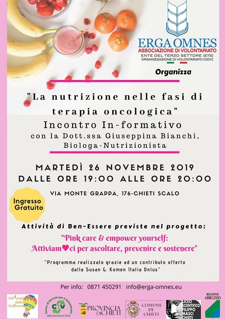hieti Scalo, Ad Erga Omnes l'incontro “La nutrizione nelle fasi di terapia oncologica”