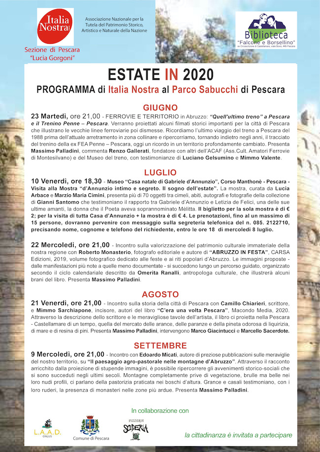 Estate in 2020, il programma di Italia Nosta al Parco Sabucchi Pescara
