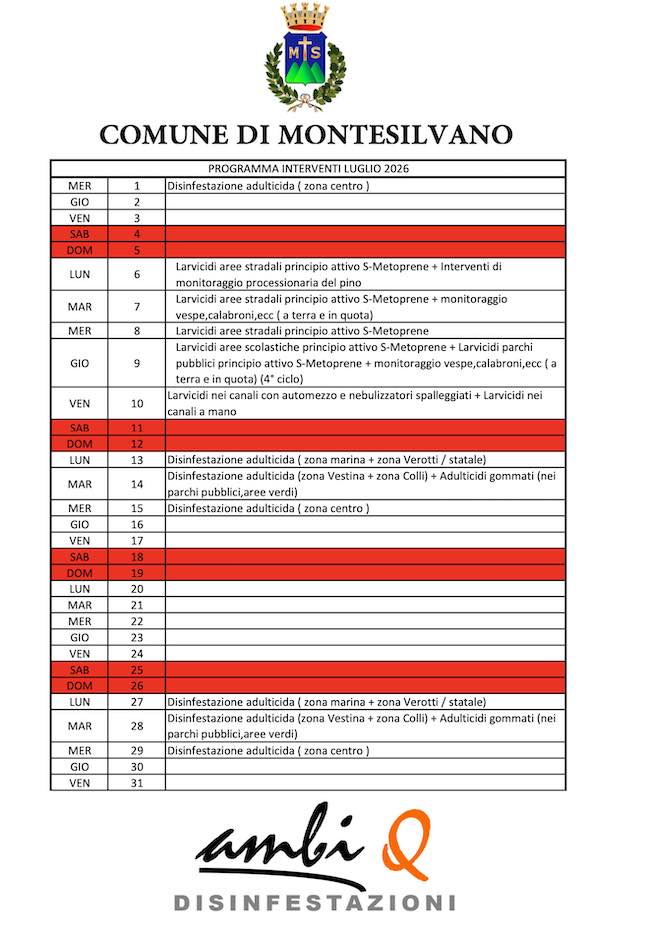 calendario luglio disinfestazione 2026