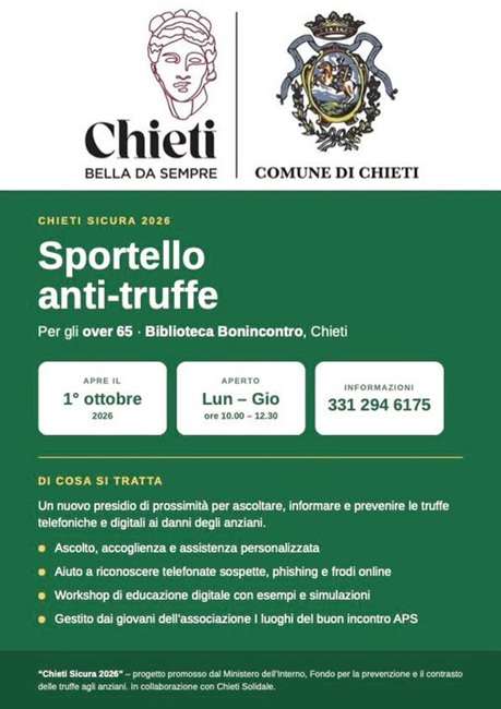 Sportello Anti-Truffe Chieti: attivo dal 1° ottobre per over 65
